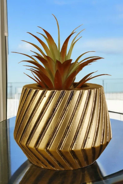 Stein Kohle Çiçek Saksısı Dekoratif Kaktüs Saksı 1 Adet Altın Eskitme Renk Uygulamalı Dişli Model ürün görseli 1