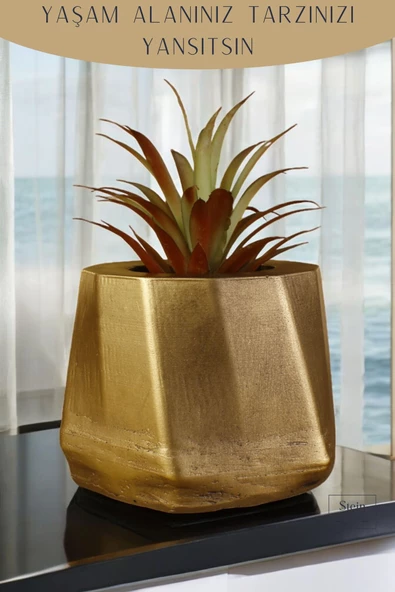 Stein Kohle Çiçek Saksısı Büyük Boy 1 Adet Altın Eskitme Renk Uygulamalı Kalın Çizgili Model - Resim 5