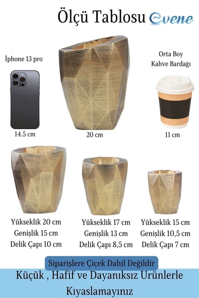 Evene Saksı Çiçek Kaktüs Saksısı Lüx 15 Cm Altın Eskitme Varak Boyalı Uzun Poly Desenli 3'lü Set Çiçeklik - Resim 2