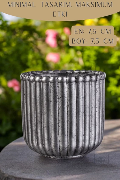Stein Kohle Dekoratif Saksı Minik Kaktüs Saksısı Gümüş Eskitme Renk 1 Adet Vintage Düz Çizgili Model - 2