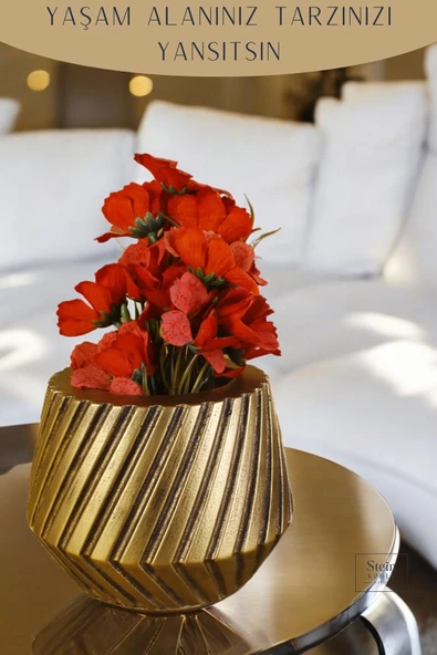 Stein Kohle Çiçek Saksısı Dekoratif Kaktüs Saksı 1 Adet Altın Eskitme Renk Uygulamalı Dişli Model - Resim 3