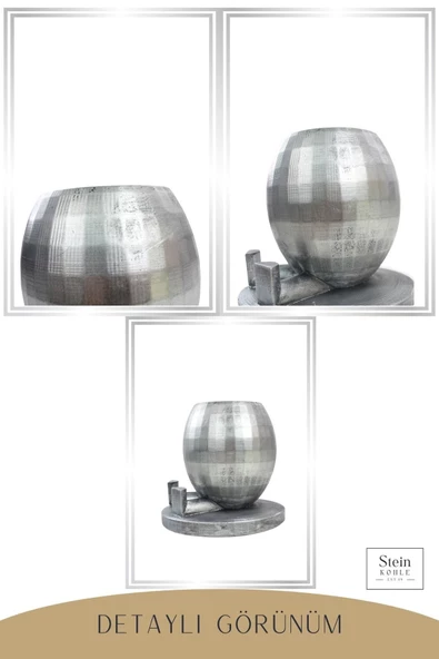 Stein Kohle Çiçek Saksısı Büyük Boy 1 Adet Gümüş Renk Eskitme Uygulamalı Ayaklı Yuvarlak Model - Resim 5