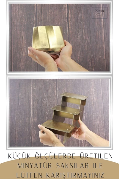 Stein Kohle Ayaklı Saksı Ahşap Büyük Boy 3 Adet Altın Renk Eskitme Uygulamalı Kalın Çizgi Model - Resim 3