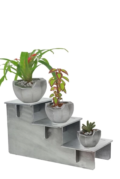 Stein Kohle Ayaklı Saksı Ahşap Büyük Boy 3 Adet Gümüş Renk Eskitme Uygulamalı Önü Açık Model ürün görseli 1