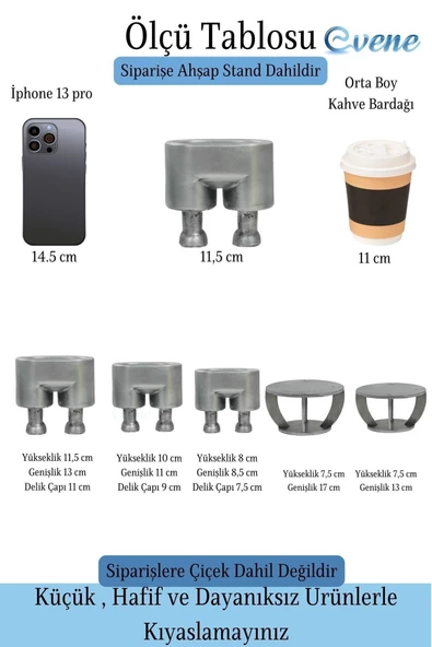 Evene Ahşap Ayaklı Beton Saksı Büyük Boy Set 3 Adet Gümüş Varak Boyalı Eskitmeli Pantolon Model - 2