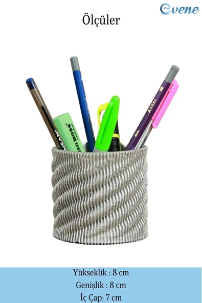 Evene Kalemlik Gümüş Renk Masa Kalemliği Organizer Kalemlik Dönen Çizgili Model - Resim 2