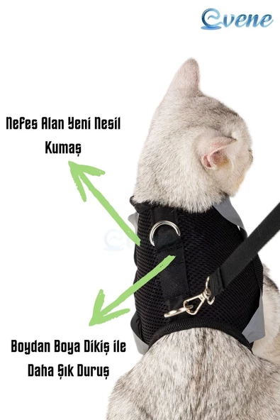 Evene Kedi Tasması Göğüs Boyun Tasma Seti Sevk Kayışlı Terletmeyen Nefes Alan Reflektörlü Tasma L Siyah - Resim 6