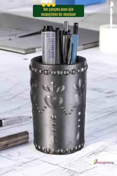 StarLightning Kalemlik Masa Kalemliği Organizer Kalemlik Gümüş Eskitme Renk Model 10 - Resim 5