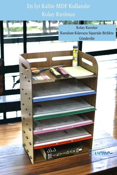 Evene Dosya Düzenleyici Masa Üstü Organizer Ahşap Evrak Rafı Ceviz Renk Model 5 - 5