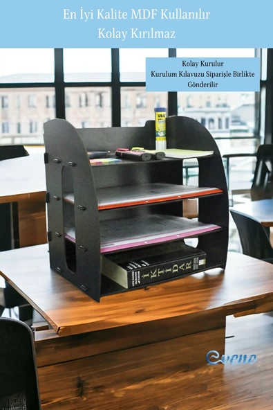 Evene Dosya Düzenleyici Masa Üstü Organizer Ahşap Evrak Rafı Siyah Renk Model 6 - 5