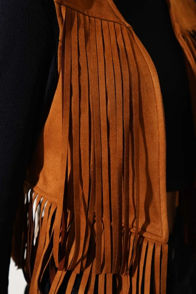 Püsküllü Kısa Süet Yelek Taba - Resim 3