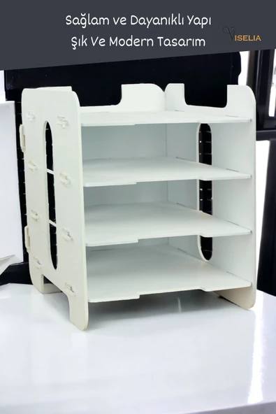 Viselia Evrak Rafı Ahşap Masaüstü Organizer Dosya Düzenleyici Beyaz Renk Model 1 - 2