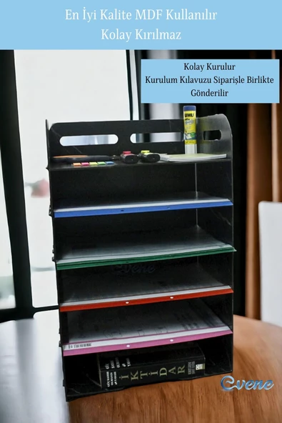 Evene Dosya Düzenleyici Masa Üstü Organizer Ahşap Evrak Rafı Siyah Mermer Renk Model 5 - 5