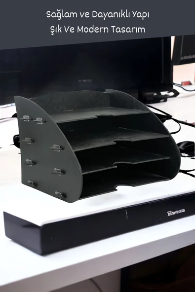 Viselia Evrak Rafı Ahşap Masaüstü Organizer Dosya Düzenleyici Siyah Renk Model 3 - 2