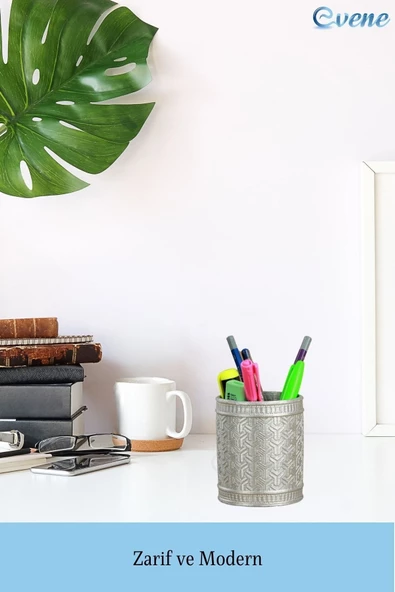 Evene Kalemlik Gümüş Renk Masa Kalemliği Organizer Kalemlik Y Desenli Model - Resim 3