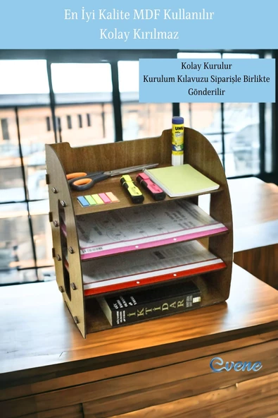 Evene Dosya Düzenleyici Masa Üstü Organizer Ahşap Evrak Rafı Ceviz Renk Model 6 - 5