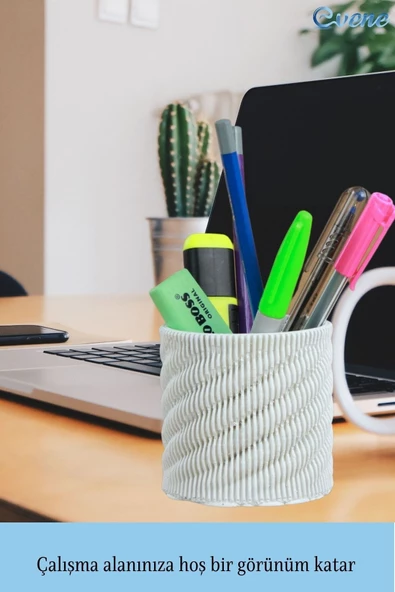 Evene Kalemlik Beyaz Renk Masa Kalemliği Organizer Kalemlik Dönen Çizgili Model - Resim 4