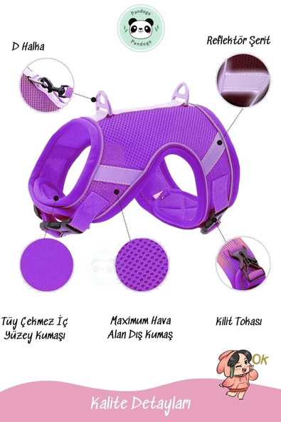 Pandogo Kedi Tasması Göğüs Gezdirme Tasması Uzun Sevk Kayışlı Mor M Beden - Resim 4