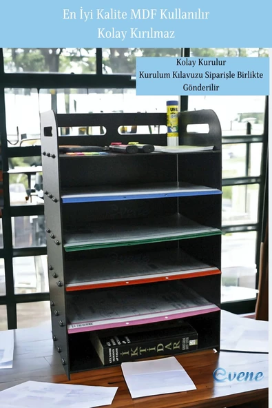 Evene Dosya Düzenleyici Masa Üstü Organizer Ahşap Evrak Rafı Siyah Renk Model 5 - 5