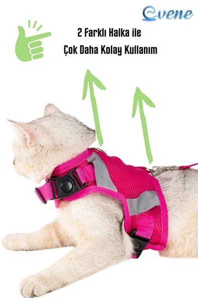 Evene Kedi Tasması Göğüs Boyun Tasma Seti Sevk Kayışlı Terletmeyen Nefes Alan Reflektörlü Tasma L Pembe - 2