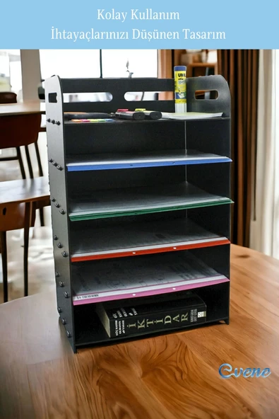 Evene Dosya Düzenleyici Masa Üstü Organizer Ahşap Evrak Rafı Siyah Renk Model 5 - 6