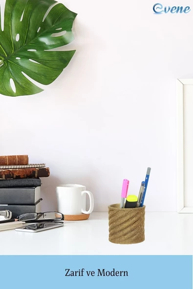 Evene Kalemlik Altın Renk Masa Kalemliği Organizer Kalemlik Dönen Çizgili Model - Resim 3