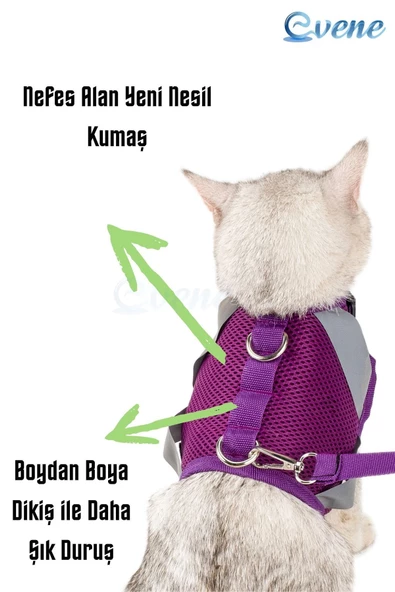 Evene Kedi Tasması Göğüs Boyun Tasma Seti Sevk Kayışlı Terletmeyen Nefes Alan Reflektörlü Tasma L Mor - 6