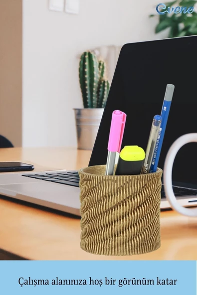 Evene Kalemlik Altın Renk Masa Kalemliği Organizer Kalemlik Dönen Çizgili Model - Resim 4