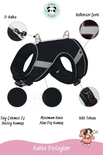 Pandogo Kedi Tasması Göğüs Gezdirme Tasması Uzun Sevk Kayışlı Siyah L Beden - Resim 4