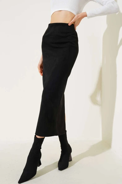 Bel Fermuarlı Süet Kalem Etek Siyah ürün görseli 1