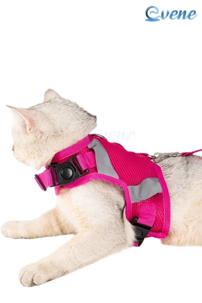 Evene Kedi Tasması Göğüs Boyun Tasma Seti Sevk Kayışlı Terletmeyen Nefes Alan Reflektörlü Tasma M Pembe