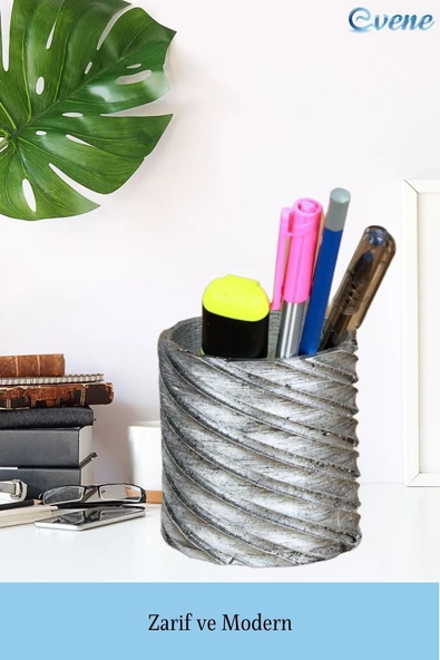 Evene Kalemlik Gümüş Eskitme Renk Masa Kalemliği Organizer Kalemlik Çapraz Model - Resim 3