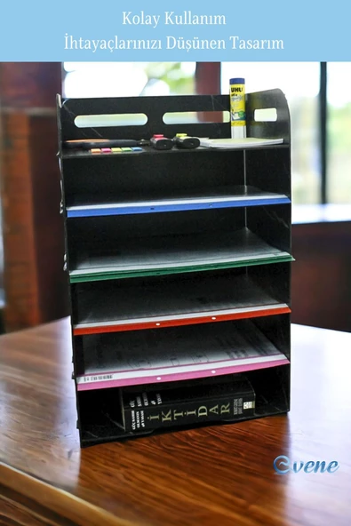 Evene Dosya Düzenleyici Masa Üstü Organizer Ahşap Evrak Rafı Siyah Mermer Renk Model 5 - 6