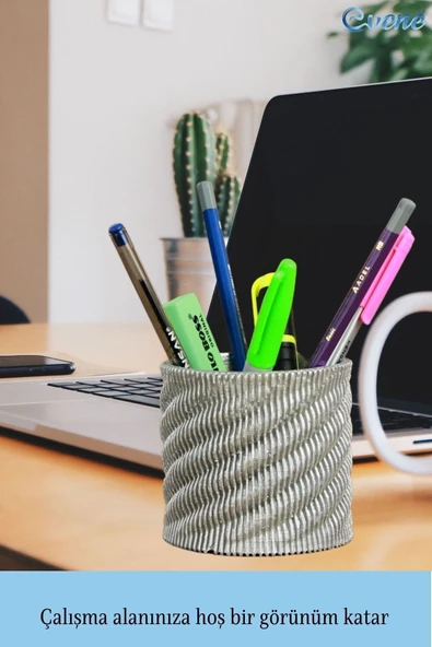 Evene Kalemlik Gümüş Renk Masa Kalemliği Organizer Kalemlik Dönen Çizgili Model - Resim 4