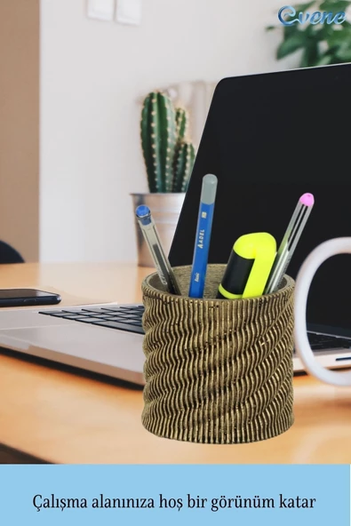 Evene Kalemlik Altın Eskitme Renk Masa Kalemliği Organizer Kalemlik Dönen Çizgili Model - Resim 4
