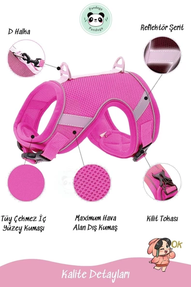 Pandogo Kedi Tasması Göğüs Gezdirme Tasması Uzun Sevk Kayışlı Pembe S Beden - Resim 4