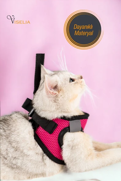 Viselia Kedi Tasması Göğüs Boyun Tasma Sevk Kayışlı Terletmeyen Nefes Alan Kumaş Reflektörlü Pembe S Beden - Resim 3