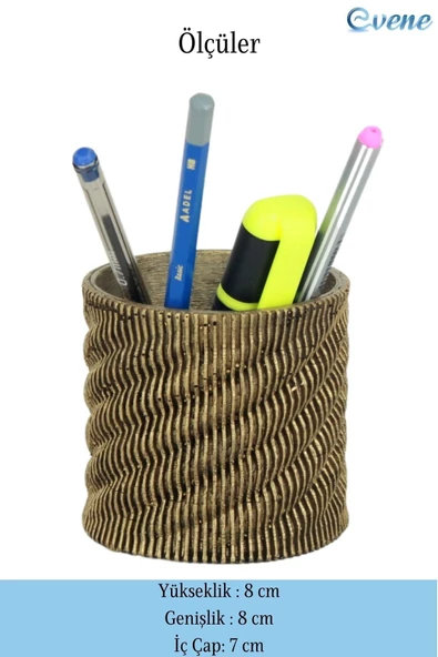 Evene Kalemlik Altın Eskitme Renk Masa Kalemliği Organizer Kalemlik Dönen Çizgili Model - Resim 2