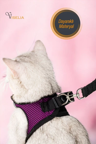 Viselia Kedi Tasması Göğüs Boyun Tasma Sevk Kayışlı Terletmeyen Nefes Alan Kumaş Reflektörlü Mor M Beden - Resim 3