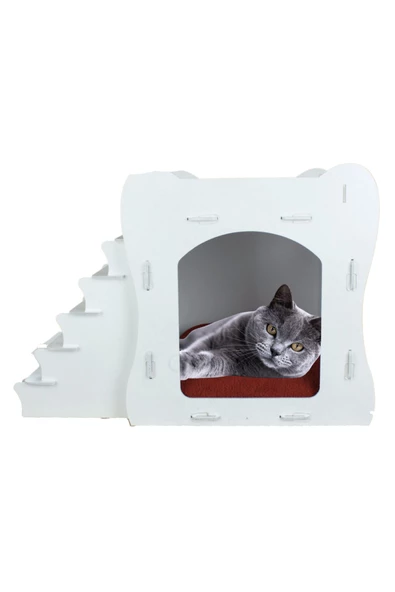 Evene Büyük Kedi Evi Dekoratif Ahşap Dayanıklı Beyaz Renk 50x35 Cm Kedi Yatağı Merdivenli Model