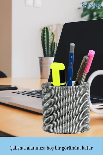 Evene Kalemlik Gümüş Eskitme Renk Masa Kalemliği Organizer Kalemlik Dönen Çizgili Model - Resim 4