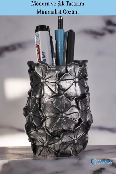 Evene Kalemlik Masa Kalemliği Organizer Kalemlik Gümüş Eskitme Renk Model 16 - Resim 4