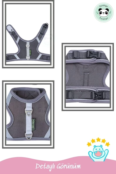 Pandogo Kedi Tasması Göğüs Gezdirme Tasması Uzun Sevk Kayışlı Gri M Beden - Resim 3