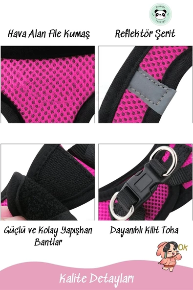 Pandogo Kedi Köpek Tasması Reflektörlü Fileli Hava Alan Kumaş Sevk Kayışlı Kedi Gezdirme Tasması Pembe M - Resim 4