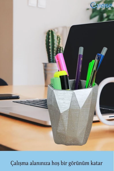 Evene Kalemlik Gümüş Renk Masa Kalemliği Organizer Kalemlik Uzun Poly Model - Resim 4