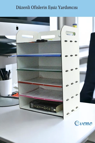 Evene Dosya Düzenleyici Masa Üstü Organizer Ahşap Evrak Rafı Beyaz Renk Model 5 - 2