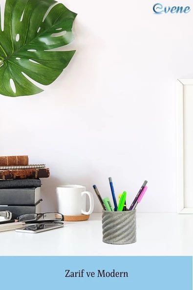 Evene Kalemlik Gümüş Renk Masa Kalemliği Organizer Kalemlik Dönen Çizgili Model - Resim 3