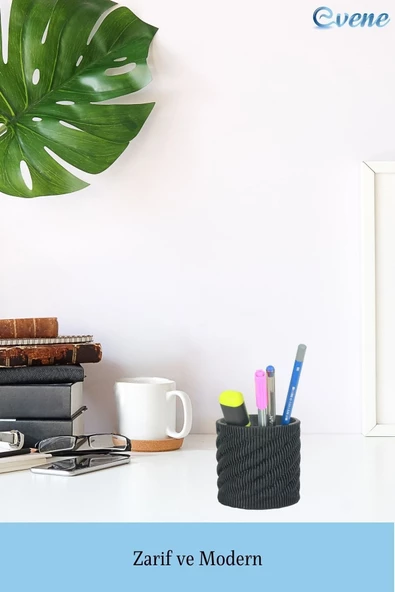 Evene Kalemlik Siyah Renk Masa Kalemliği Organizer Kalemlik Dönen Çizgili Model - Resim 3