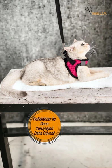 Viselia Kedi Tasması Göğüs Boyun Tasma Sevk Kayışlı Terletmeyen Nefes Alan Kumaş Reflektörlü Pembe S Beden - Resim 4