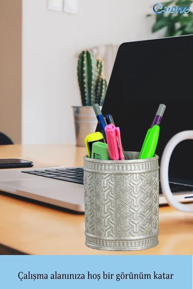 Evene Kalemlik Gümüş Renk Masa Kalemliği Organizer Kalemlik Y Desenli Model - Resim 4